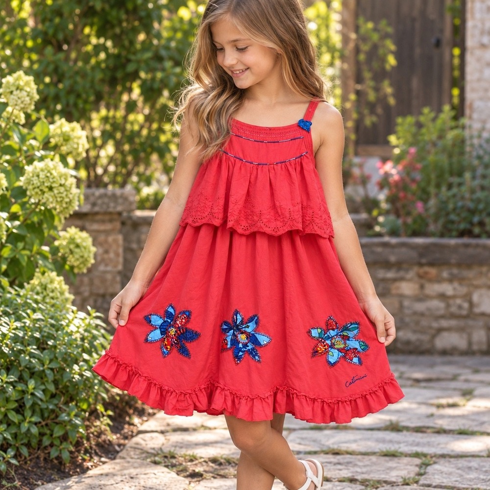 Catimini Girls Pink Red Cotton Eyelet Tiered Floral Applique Sun Dress Size 12